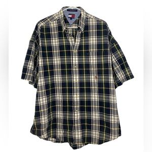 (Size L) Tommy Hilfiger Men's Breeze Plaid Linen Blend Regular Fit Short-Sleeve